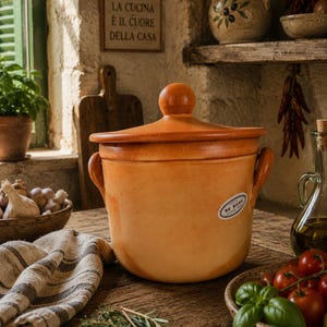 May include: An orange ceramic cooking pot with a lid and handles, labelled "De Silva." It rests on a wooden surface with a striped cloth, herbs, tomatoes, and garlic. A sign in Italian reads "La cucina è il cuore della casa."