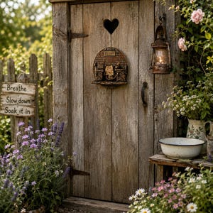 May include: A rustic wooden outhouse with a heart-shaped cutout in the door, a metal roof, and a decorative plaque labelled Toilet. A vintage metal lantern hangs on the right, while a white enamel basin sits on a wooden shelf nearby.
