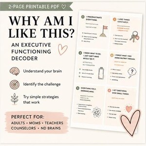 May include: A 2-page printable PDF titled Why Am I Like This? An Executive Functioning Decoder. The document features six numbered sections with text and illustrations explaining common challenges and strategies for brain organization and management.