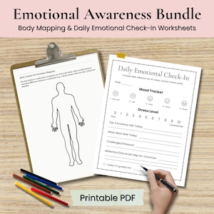 Puede incluir: Un PDF imprimible llamado "Emotional Awareness Bundle" con hojas de trabajo para el mapeo corporal y los controles emocionales diarios. Incluye un esquema corporal y un rastreador de estado de ánimo. Se ven lápices de colores.