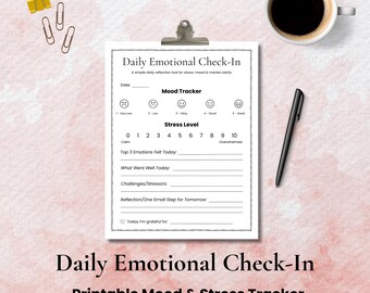 Daily Emotional Check-In Printable | Adult Mood Tracker | Anxiety & Stress Worksheet | Mental Health PDF