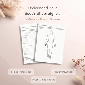 Hojas de trabajo para el registro de sensaciones corporales / Conciencia somática imprimible / Mapa corporal de estrés y emociones / Salud mental (PDF)