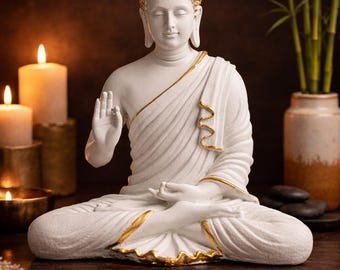 Meditating Buddha Statue 14 Inch | White & Gold Resin Buddha Idol | Zen Home Decor | Spiritual Gift | Large Buddha Figurine for Living Room