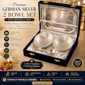 May include: A premium German silver 2 bowl set with spoons and tray presented in a navy blue velvet box. The set includes two round bowls and a rectangular tray, all featuring intricate embossed floral patterns. The interior is lined with white satin.