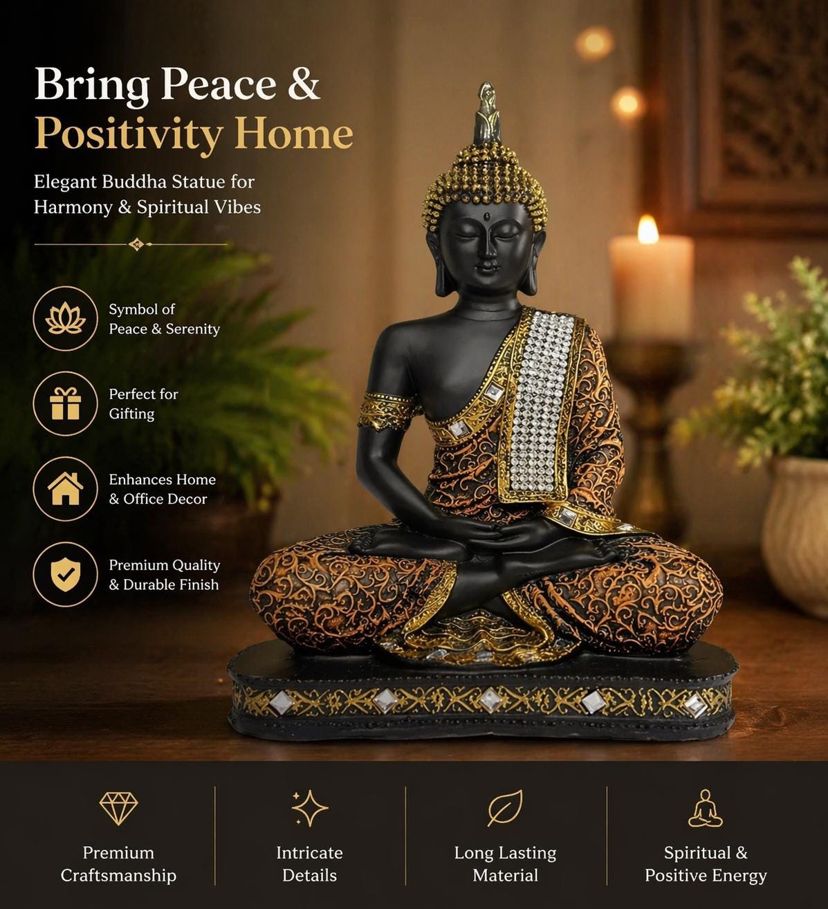 Meditating Buddha Statue – Peaceful Home Decor Gift, Positive Energy ...