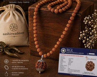 Mala de Rudraksha de 7 Mukhi con colgante de plata / 109 cuentas (Rudraksha de 5 Mukhi) / Collar de meditación / Joyería de energía espiritual