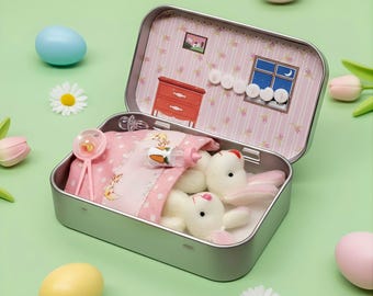 Miniature Pocket Bunny in Tin, Easter Basket Stuffer, DIY Pet Adoption Kit