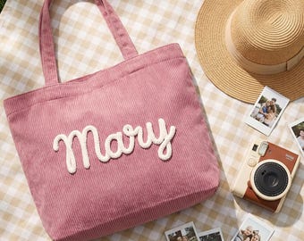 Bolso de mano de pana bordado personalizado, bolso de exterior con nombre personalizado, ideal para picnics, acampadas y viajes de fin de semana.