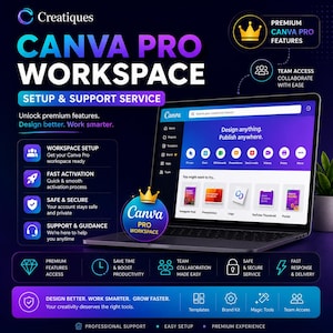 May include: A promotional image for Canva Pro Workspace setup and support services. The image features a laptop displaying the Canva interface, with supporting graphics highlighting features like workspace setup, fast activation, and team collaboration. The color scheme is primarily blue, purple, and white.