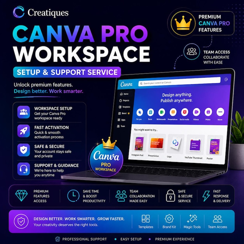 May include: A promotional image for Canva Pro Workspace setup and support services. The image features a laptop displaying the Canva interface, with supporting graphics highlighting features like workspace setup, fast activation, and team collaboration. The color scheme is primarily blue, purple, and white.