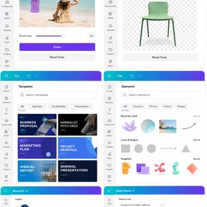 May include: Screenshots of a design app interface. Features include a magic eraser tool, background remover, templates for business proposals and marketing plans, and brand kit options for logos and colors. There is also a resize tool for social media.
