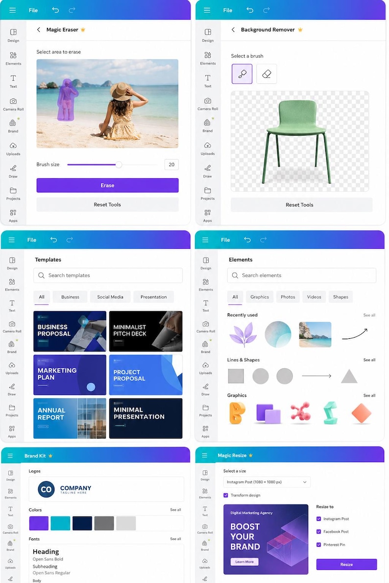 May include: Screenshots of a design app interface. Features include a magic eraser tool, background remover, templates for business proposals and marketing plans, and brand kit options for logos and colors. There is also a resize tool for social media.