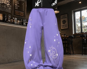 Purple Star Baggy Sweatpants, Y2K Harajuku Wide Leg Pants, Vintage Streetwear Trousers, Oversized Aesthetic Lounge Pants Women