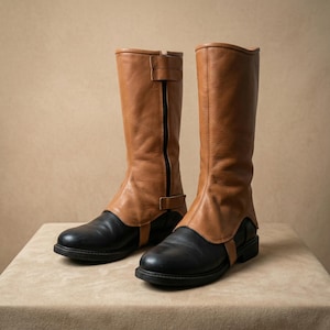May include: A pair of two-tone leather boots. The lower portion of the boots is black, while the upper part is tan with a zipper and buckle detail. The boots are knee-high and sit on a neutral surface.