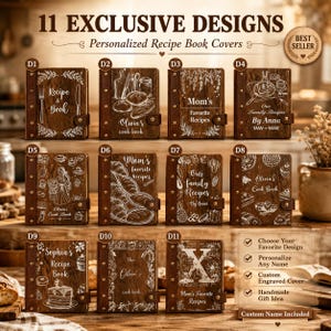 May include: Eleven dark wood recipe book covers with personalized engravings. Each cover features unique white line art illustrations of food, kitchen tools, or floral patterns, along with custom text like names and recipe titles.