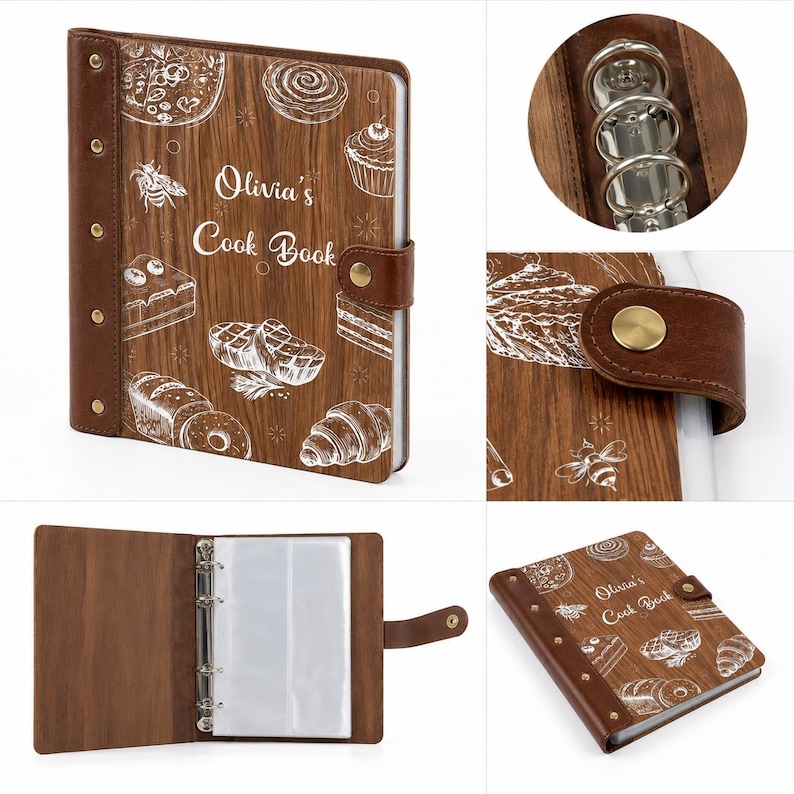 May include: A brown wood-grain binder with a dark brown leather-like spine and strap featuring gold-tone metal studs and a snap closure. The cover displays white line-art illustrations of food and the text Olivia's Cook Book. Includes metal rings.
