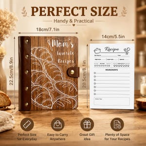 May include: A wooden recipe binder with a brown leather spine and gold rivets, featuring a white line drawing of bread and the text "Mom's favorite Recipes". It measures 7.1 inches by 8.9 inches, accompanied by a 5.5 inch by 8.1 inch recipe card.