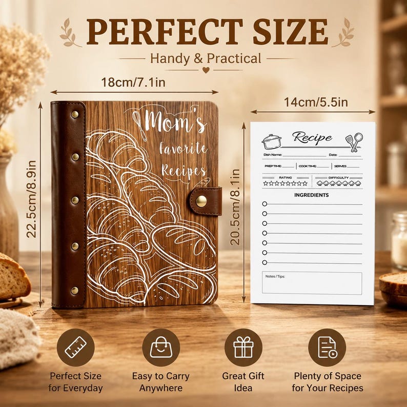 May include: A wooden recipe binder with a brown leather spine and gold rivets, featuring a white line drawing of bread and the text "Mom's favorite Recipes". It measures 7.1 inches by 8.9 inches, accompanied by a 5.5 inch by 8.1 inch recipe card.