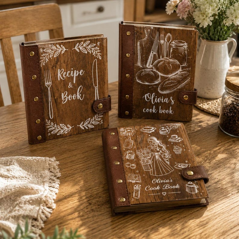 May include: Three rectangular recipe books with dark brown leather-like spines featuring gold-tone metal rivets. The covers are wood-textured with white line art illustrations and text including Recipe & Book, Olivia's cook book, and Olivia's Cook Book.