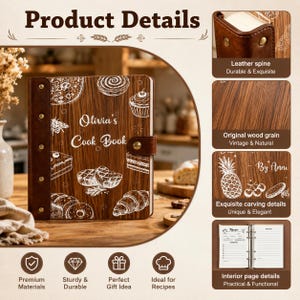 May include: A wooden cookbook binder with a dark brown leather spine and metal rivets. The cover features white line art of various foods and the text Olivia's Cook Book. The interior includes a metal ring mechanism and lined recipe pages.