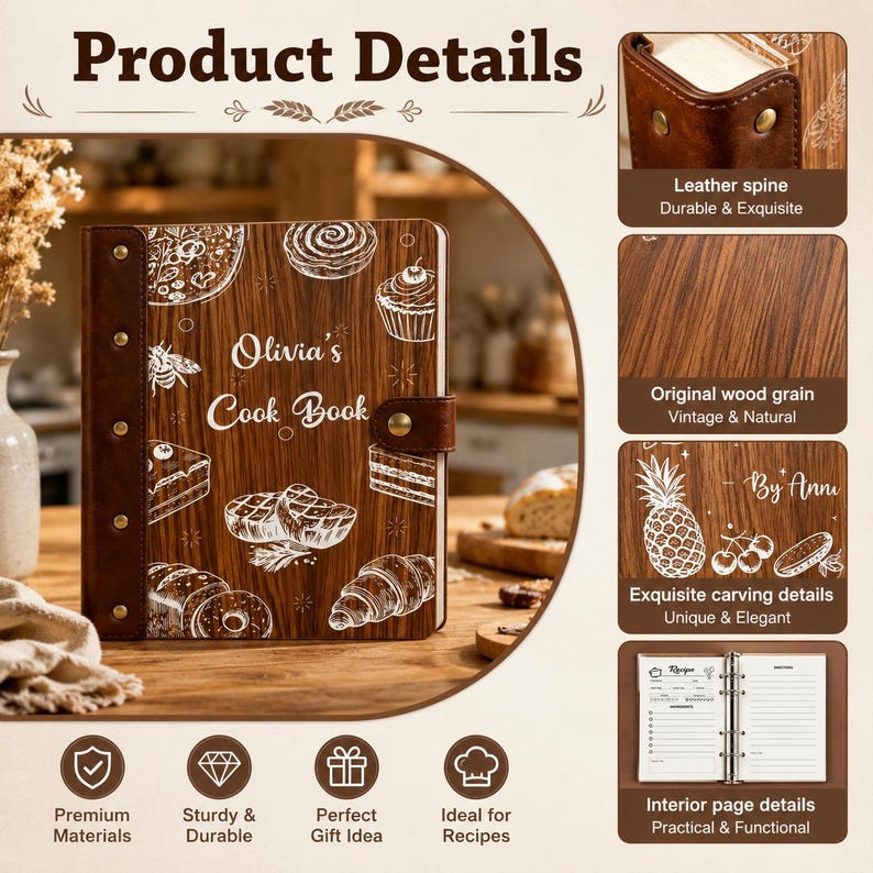 May include: A wooden cookbook binder with a dark brown leather spine and metal rivets. The cover features white line art of various foods and the text Olivia's Cook Book. The interior includes a metal ring mechanism and lined recipe pages.