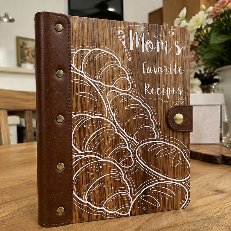 May include: A wooden recipe binder with a dark brown leather spine featuring five brass-colored rivets. The front cover displays white line art of various breads and the text "Mom's favorite Recipes" with a whisk icon above the lettering.