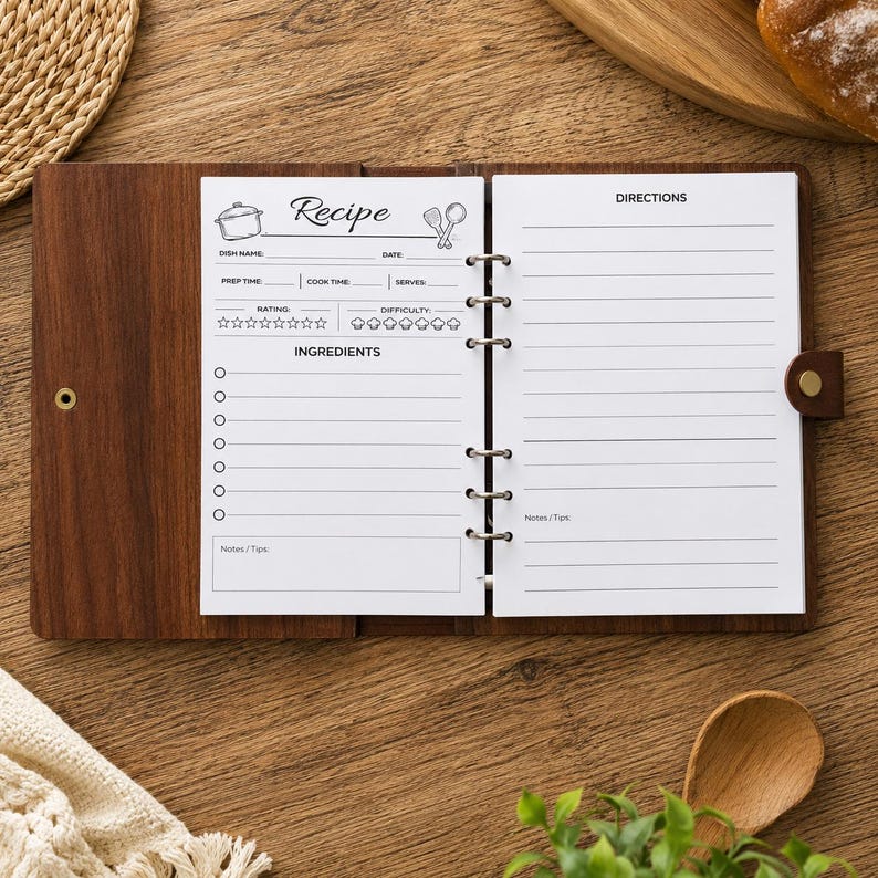 May include: A wooden binder with a dark brown finish and a metal ring mechanism holding white recipe pages. The left page features fields for dish name, date, prep time, cook time, serves, rating, difficulty, ingredients, and notes. The right page is for directions.