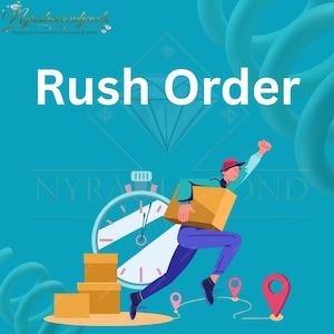 Può includere: Illustrazione di un fattorino che corre con un pacco, con le parole "Rush Order" in grandi lettere bianche. Lo sfondo è turchese con una forma di diamante e un orologio.