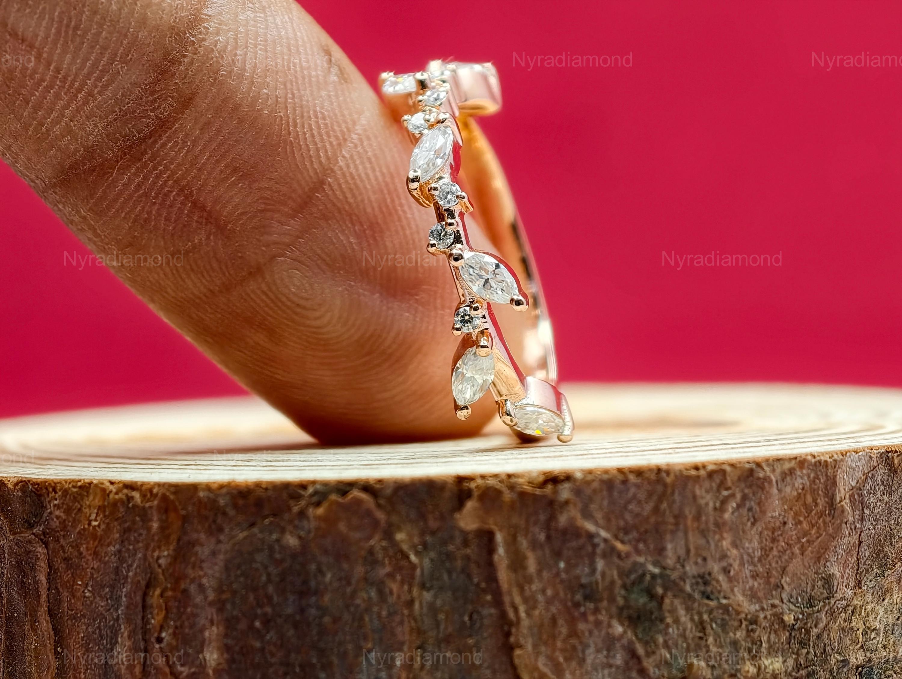 Marquise Cut Moissanite Wedding Band Solid Yellow Gold Leaf Ring ...