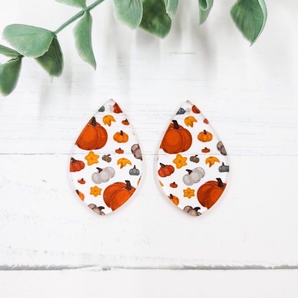 Orange & Grey Pumpkins Pointed Teardrop Clear Acrylic Earring Blanks - Jewelry Findings