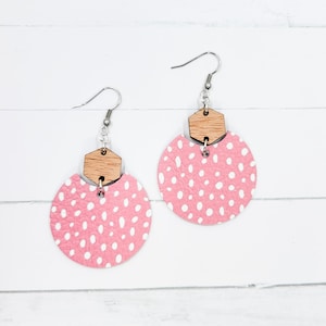 Pink Doodle Dots Semi Circle Leather Earrings - Lightweight