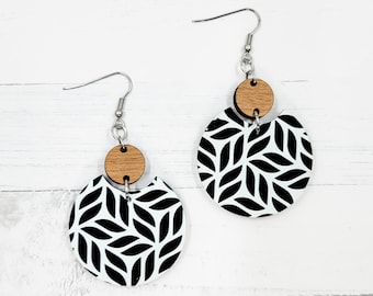 Black & White Leaves Acrylic Semi Circle Dangle Earrings - Finished Jewelry