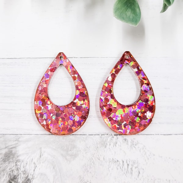 Pink Holographic Glitter Open Teardrop Acrylic Earring Blanks - Jewelry Findings