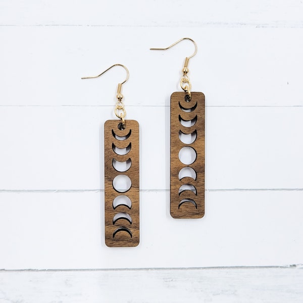 Moon Phases Wooden Dangle Earrings