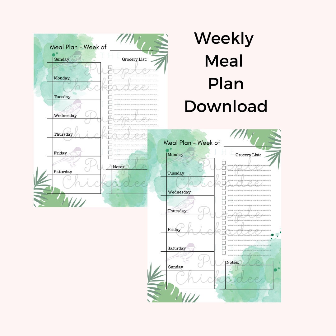 Tropical Themed Weekly Meal Plan Sheet - Grocery List, Sunday Start ...