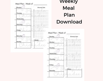 May include: Two printable weekly meal planner pages with a simple design. Each page has a list for Sunday through Saturday, a grocery list, and a notes section. The pages are decorated with a small bird illustration.
