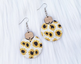 White Sunflowers Semi Circle Leather Earrings