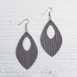 Ash Grey Palm Open Teardrop Leather Earrings