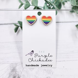 Rainbow Heart Hand Painted Wooden Stud Earrings - Stainless Steel Hypoallergenic - Finished Jewelry
