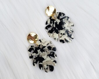 Black and White Monstera Leaf Acrylic Drop Earrings