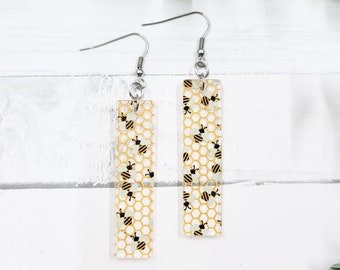 Honeycomb Bees Acrylic Bar Dangle Earrings - Finished Jewelry