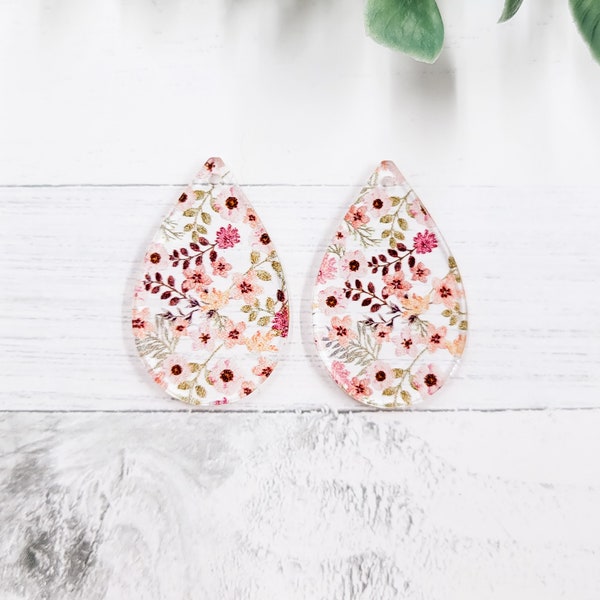 Dusty Pink Floral Teardrop Acrylic Earring Blanks - Jewelry Findings