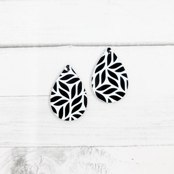 Black & White Leaves Teardrop Acrylic Earring Blanks - Jewelry Findings