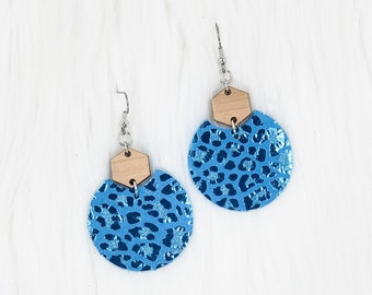 Blue Leopard Semi Circle Leather Earrings