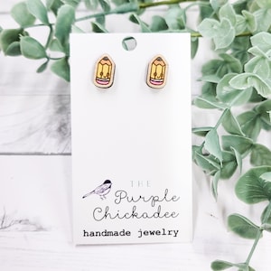Hand Painted Kawaii Pencil Wooden Stud Earrings - Stainless Steel Hypoallergenic