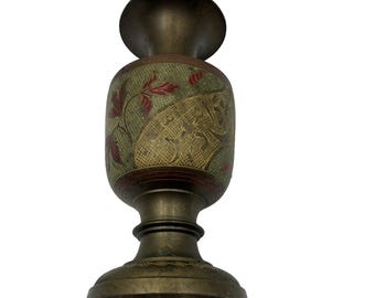 Vintage Messing Vase Urne rote Emaille Blumenmuster Made in India 6 "