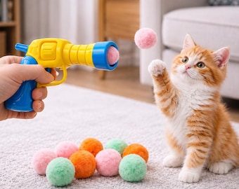 Cat Toy Launcher with Pom Poms | Pom Pom Gun for Cats | Interactive Kitten Enrichment Toy | Cat Birthday Gift | Fun Indoor Cat Toys