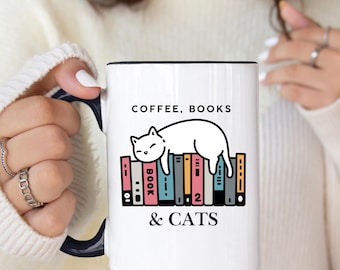 Taza de cerámica con diseño de gatos y café, regalo acogedor para amantes de los gatos y la lectura (11, 15 oz)