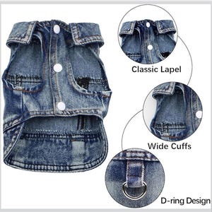 May include: A blue denim vest for pets featuring a classic lapel, wide arm cuffs, and a metal D-ring on the back. The garment includes three white snap buttons down the front. Text labels in the image include Classic Lapel, Wide Cuffs, and D-ring Design.