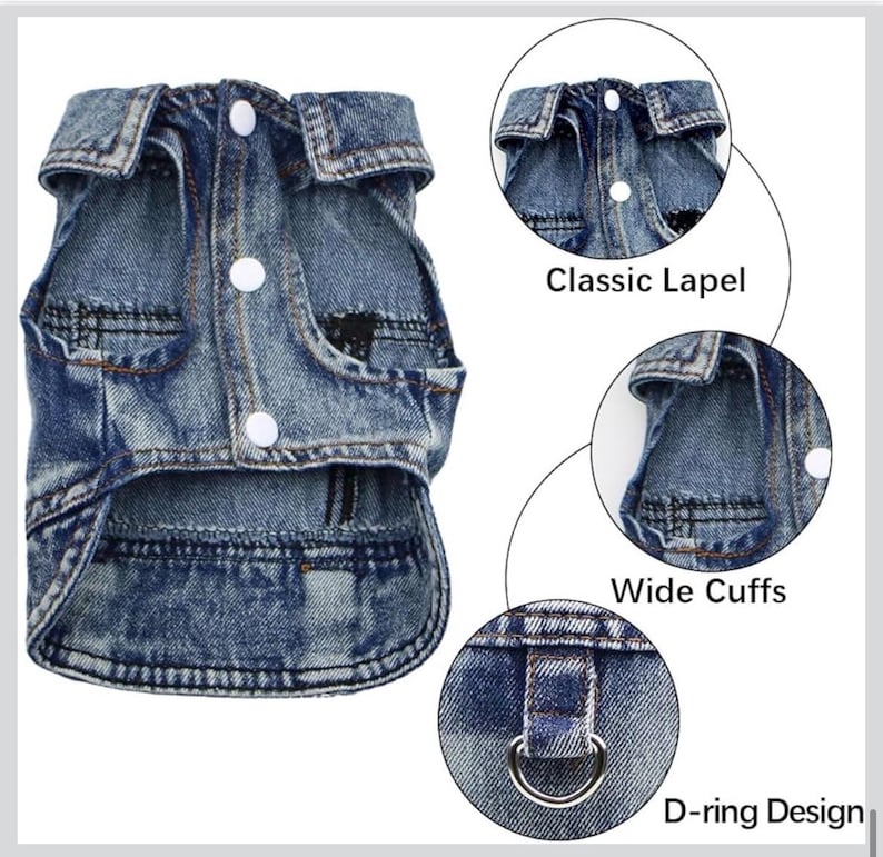 May include: A blue denim vest for pets featuring a classic lapel, wide arm cuffs, and a metal D-ring on the back. The garment includes three white snap buttons down the front. Text labels in the image include Classic Lapel, Wide Cuffs, and D-ring Design.
